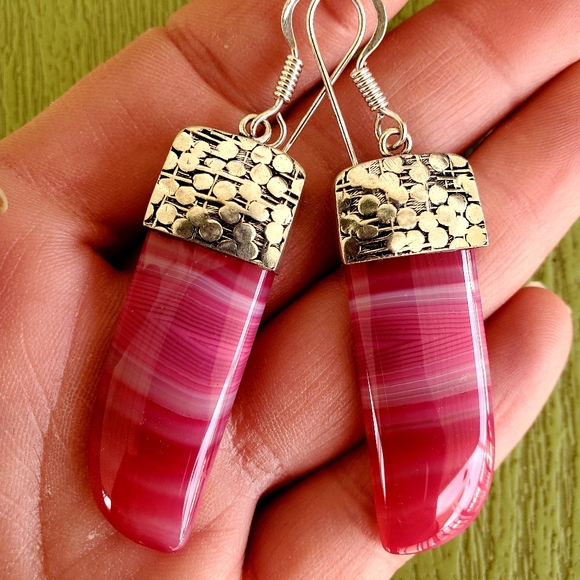 New Pink Striped Banded Agate 925 Silver Earrings - Picture 2 of 5